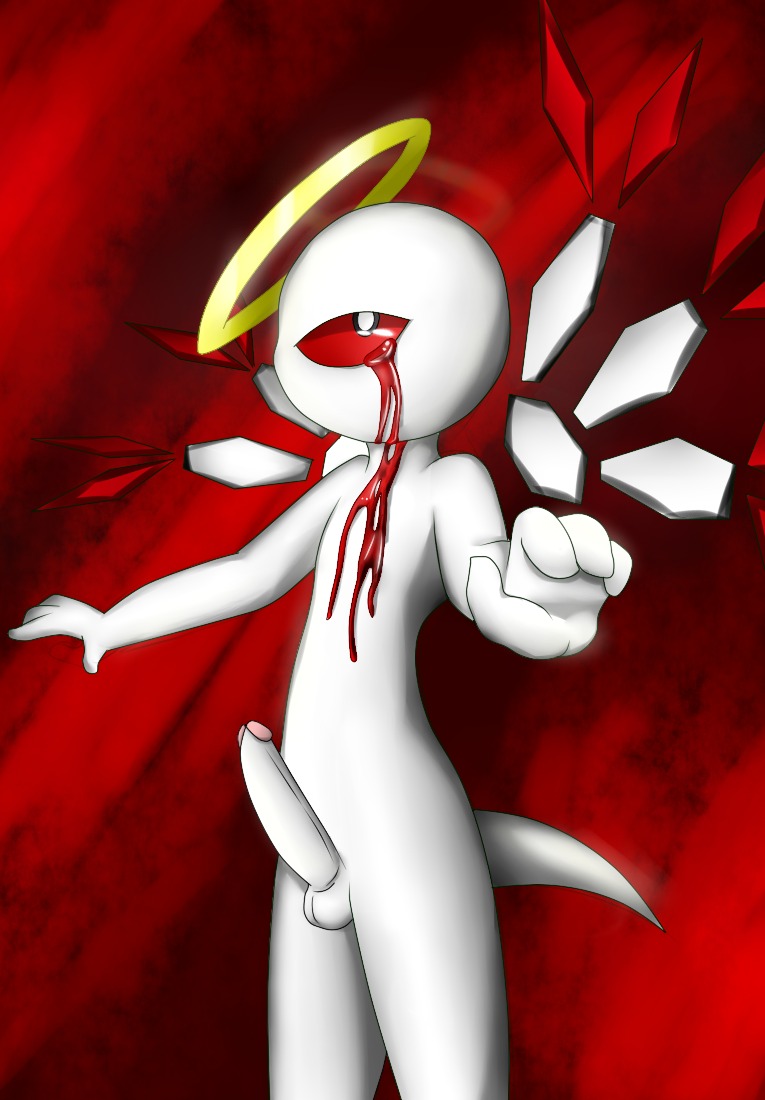 02_(kirby) 1_eye angel balls blood blood_from_eye bloody_tears bodily_fluids digital_media_(artwork) e621 erection genitals halo kirby_(series) kirby_64:_the_crystal_shards male mouthless nintendo not_furry penis sangelia solo tears