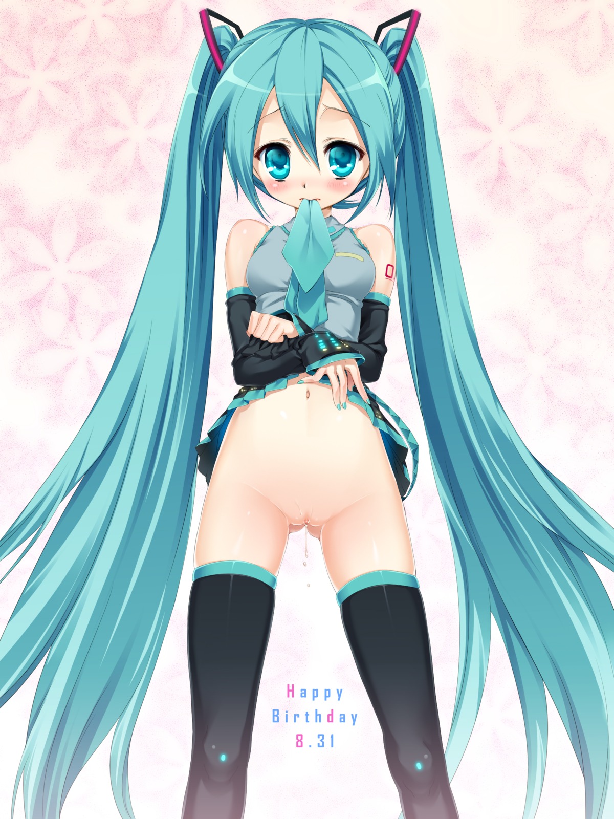 1girl aqua_eyes aqua_hair blush clothes_lift detached_sleeves female hatsune_miku headphones headset high_resolution hisashi hisashi_(nekoman) hisasi long_hair mouth_hold navel necktie no_panties pussy pussy_juice rule34 skirt skirt_lift solo thighhighs tied_hair twintails uncensored very_long_hair vocaloid