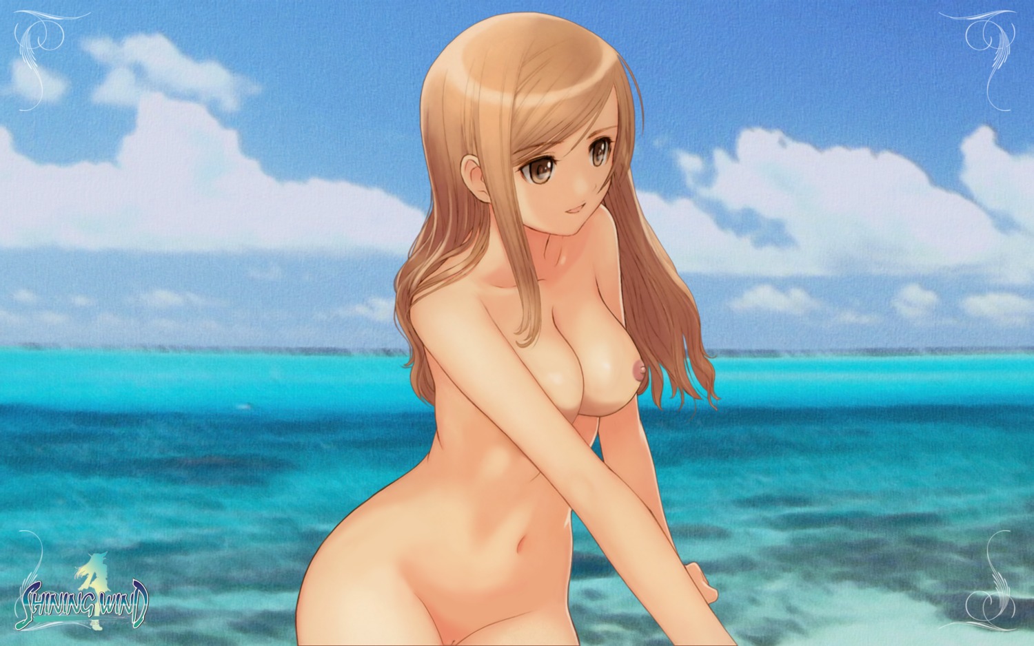 1girls breasts brown_eyes brown_hair exhibitionism female female_only medium_breasts nipples nude_filter ocean oppai outdoors pussy rule34 shining_(series) shining_wind solo taka_tony touka_kureha uncensored water