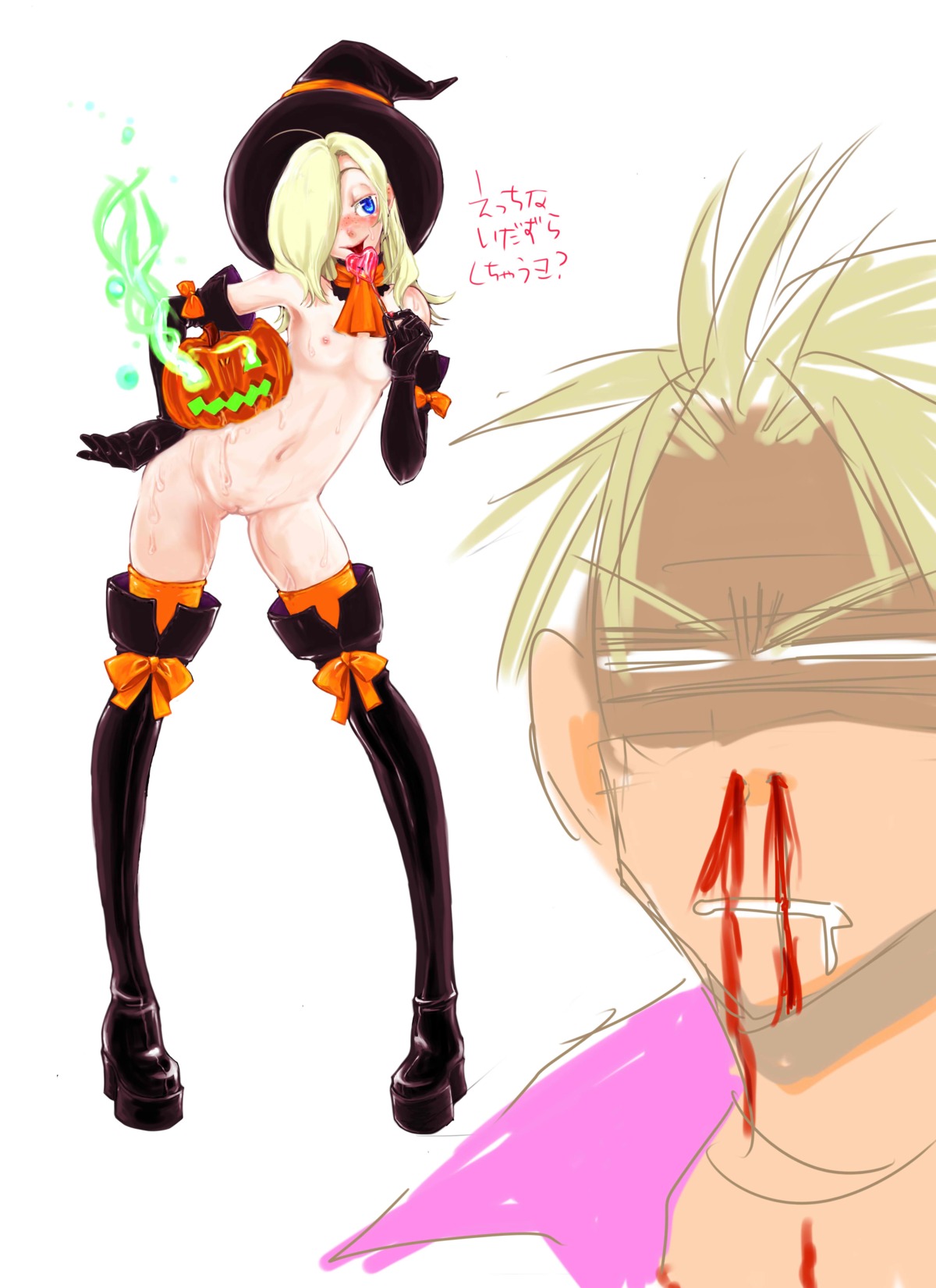ash_crimson beige_skin bleeding blonde_hair blood blue_eyes candy color female food footwear front_view hair hair_over_one_eye halloween hat high_resolution human japanese_text king_of_fighters male nipples nosebleed open_eyes pumpkin pussy red_blood round_ears rule34 rule_63 shen_woo short_hair snk standing tan_skin text translation_request vulva white_background witch_hat