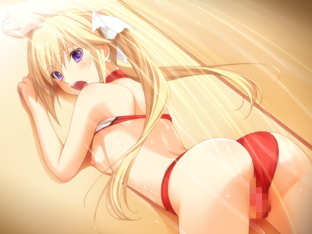 bikini blonde_hair censored female flowlight_memories game_cg long_hair mizugi nipples open_mouth oppai purple_eyes pussy rule34 solo tied_hair twintails vagina