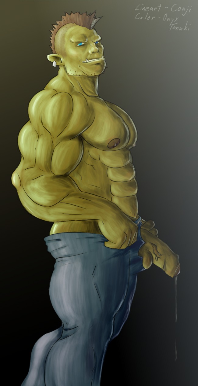 abs balls biceps big_muscles big_penis blue_eyes bodily_fluids bottomwear brown_hair brown_nipples clothed clothing conji denim denim_bottomwear denim_clothing dripping e621 ear_piercing erection fangs flaccid foreskin genital_fluids genitals grin hair hi_res huge_muscles humanoid humanoid_genitalia humanoid_penis humanoid_pointy_ears jeans looking_at_viewer male mohawk muscular muscular_humanoid muscular_male nipples not_furry onyxtanuki_(artist) orc pants pecs penis piercing pointy_ears pose precum presenting side_view smile solo standing teeth thick_penis topless tusks undressing vein yellow_body yellow_skin