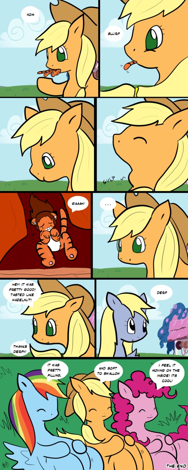 2011 applejack_(mlp) blonde_hair blue_body blue_feathers blue_fur clothing comic cowboy_hat derpy_hooves_(mlp) dialogue dragontrainer e621 earth_pony english_text equid equine eyes_closed feathered_wings feathers felid female feral friendship_is_magic fur grass green_eyes group hair hasbro hat headgear headwear hi_res horse mammal micro multicolored_hair my_little_pony mythological_creature mythological_equine mythology orange_body orange_fur outside pantherine pegasus pink_body pink_fur pink_hair pinkie_pie_(mlp) plant pony rainbow rainbow_dash_(mlp) rainbow_hair size_difference tail text tiger vore wings