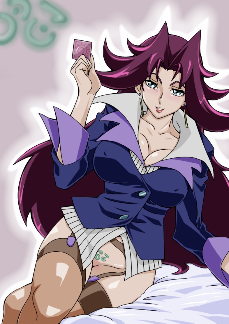 breasts cleavage condom_wrapper covering erect_nipples female fuya's_mother garter_belt large_breasts looking_at_viewer nipples no_panties number_83_galaxy_queen rule34 smile straw_(artist) yu-gi-oh! yu-gi-oh!_zexal