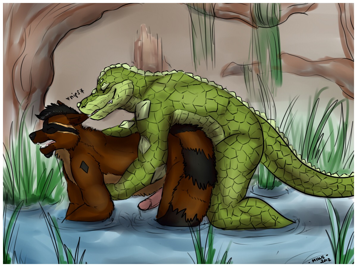 2012 4:3 alligator alligatorid anal anal_penetration anthro bite border canid canine crocodilian detailed_background duo e621 ear_bite erection genitals grass interspecies male male/male male_penetrated male_penetrating male_penetrating_male mammal marsh mike_(artist) nibbling penetration penis plant reptile scalie sex stripes teeth water white_border