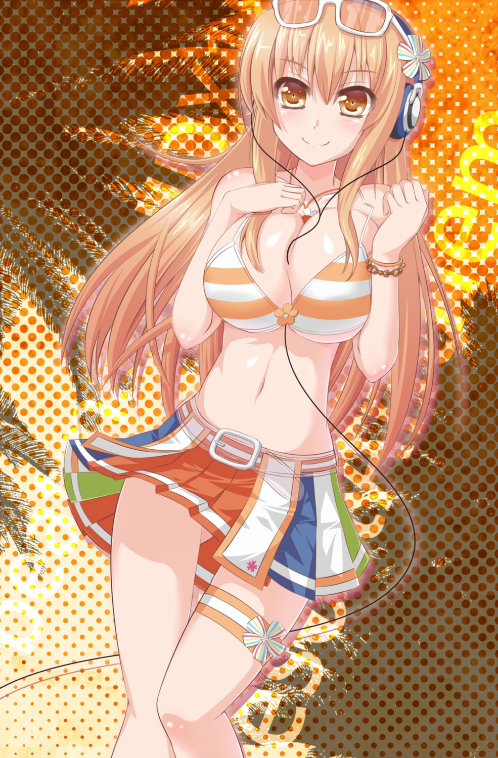 beatmania beatmania_iidx between_breasts bikini bikini_top blonde_hair bracelet breasts cord_between_breasts female garter garters glasses glasses_on_head hair_ornament hand_on_chest headphones highres huge_breasts jewelry leg_garter long_hair megawatt navel necklace orange_eyes pleated_skirt rule34 skirt smile solo standing thigh_gap thighs umegiri_iroha