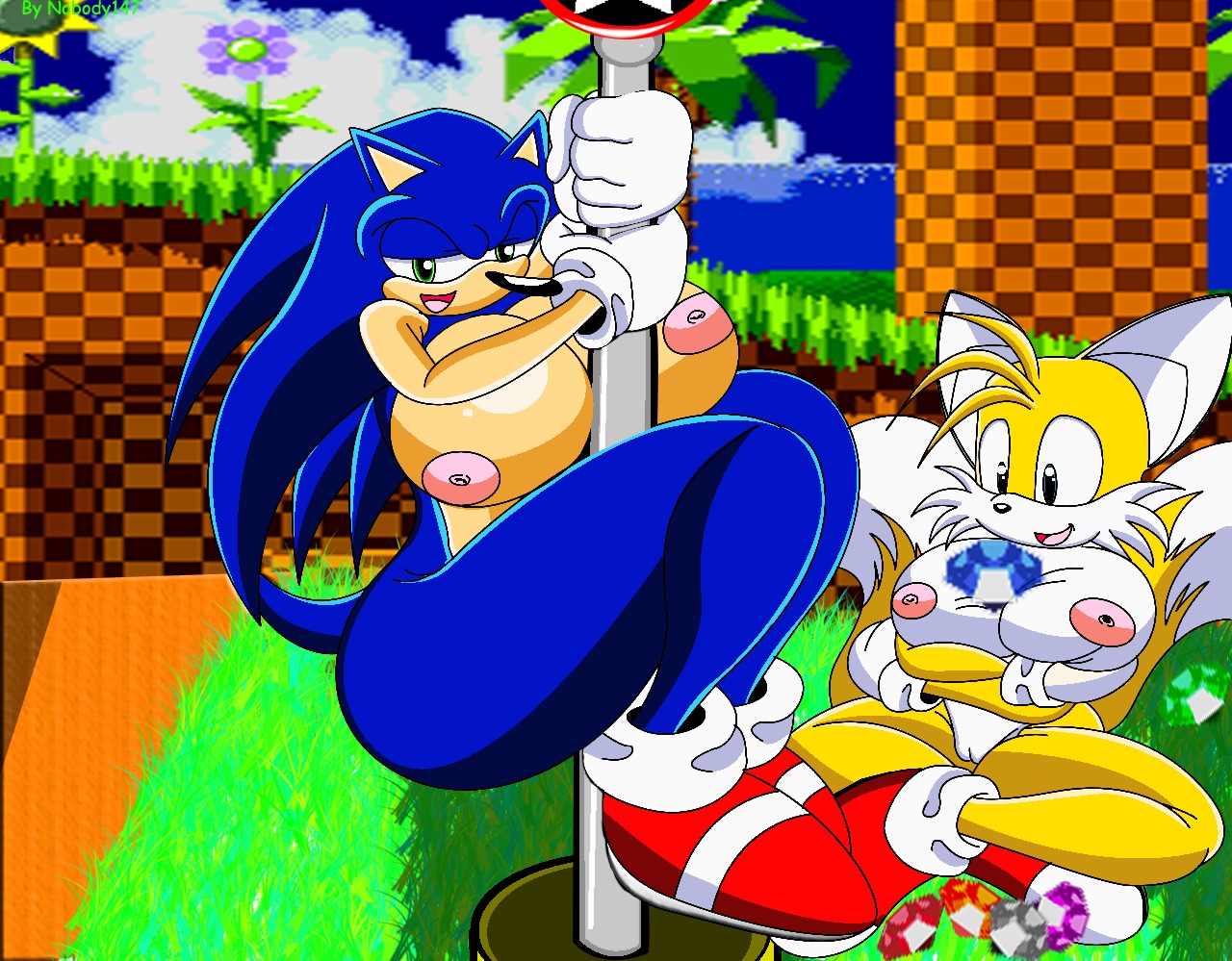 anthro big_breasts blue_body blue_fur breasts canid canine chaos_emerald crossgender dipstick_tail duo e621 eulipotyphlan female fox fur gem genitals hedgehog huge_breasts looking_at_viewer mammal markings miles_prower mtf_crossgender nipples nobody147 nude sega sonic_the_hedgehog sonic_the_hedgehog_(series) tail tail_markings vulva