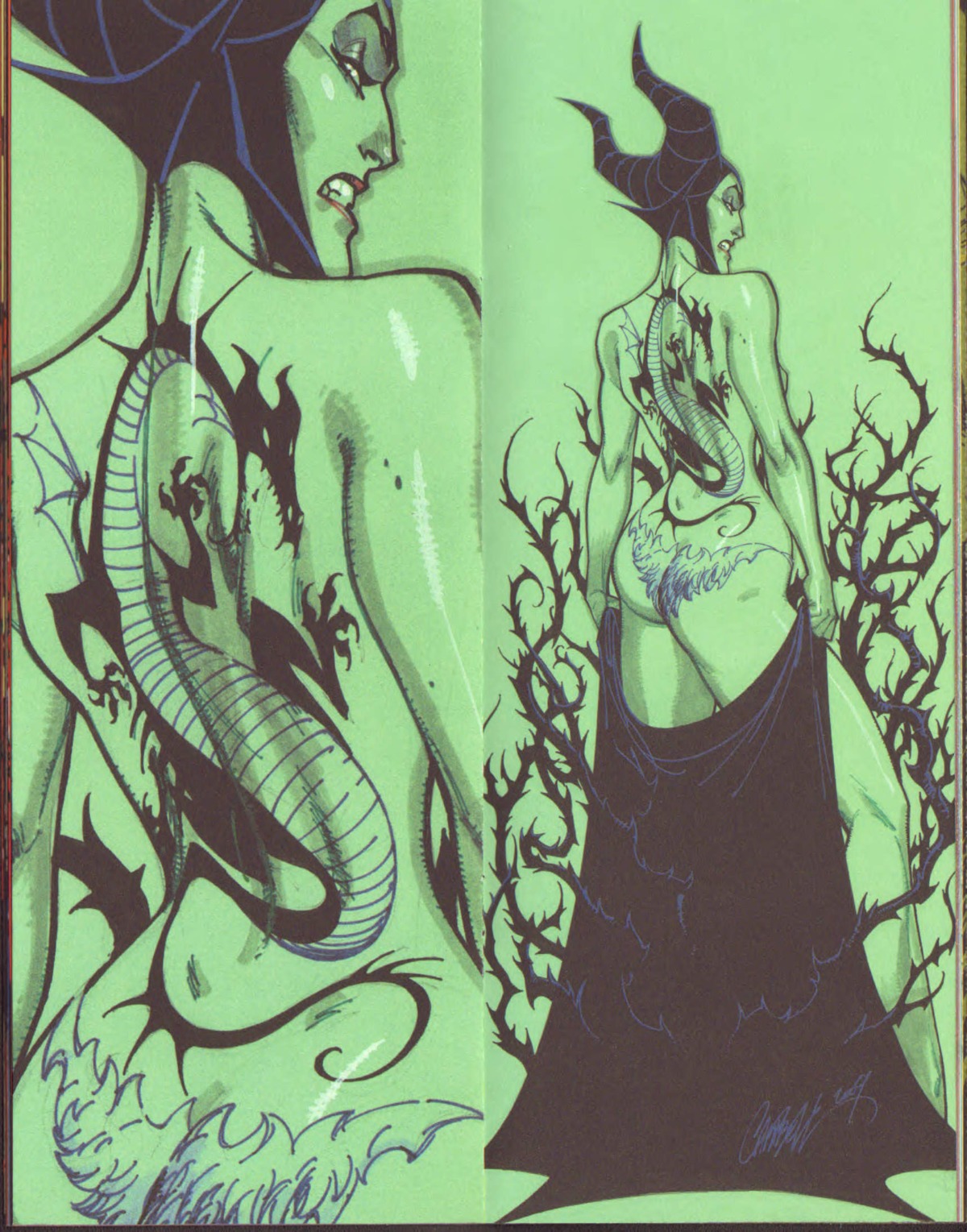 1girls 2009 ass back bare_shoulders breasts disney disney_villains fairy_tale_fantasies female female_only green_skin j_scott_campbell looking_back maleficent nude rule34 sideboob sleeping_beauty_(1959_film) solo tattoo topless