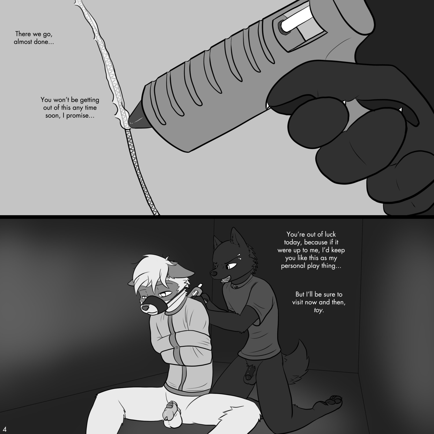 1:1 5_fingers absurd_res after_sex anthro balls barbell_piercing bdsm bodily_fluids bondage bottomless bound canid canine canis chastity_cage chastity_device cheek_tuft clothed clothing collar comic cum cum_on_penis dialogue dominant dominant_male duo e621 english_text eyebrow_barbell eyebrow_piercing eyebrows facial_piercing facial_tuft fangs fingers flaccid foreskin genital_fluids genitals glans glue hair half-closed_eyes hi_res humanoid_genitalia humanoid_penis joel_calley kneeling lip_piercing lip_ring lock long_term_chastity looking_down male mammal monochrome muzzle_(object) muzzled narrowed_eyes nx-42 open_mouth open_smile padlock penis permanent permanent_bondage phallic_chastity_device piercing procyonid raccoon restraints retracted_foreskin ring_piercing shirt short_hair sitting smile solid_chastity_cage spread_legs spreading straitjacket submissive t-shirt teeth text topwear tuft wearing_chastity_cage wearing_chastity_device wolf