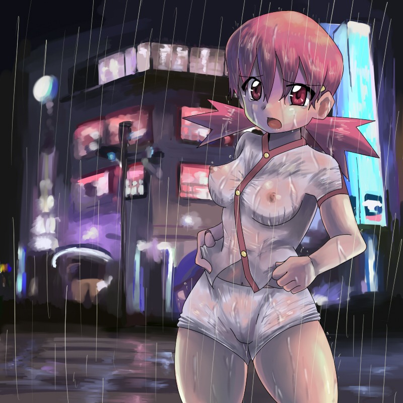 breasts erect_nipples exhibitionism female female_only gym_leader hamu_(sanosano) human navel night nintendo nipples no_bra pink_eyes pink_hair pokemon pokemon_gsc public rain rule34 see-through short_twintails shorts solo tear tied_hair twintails wet wet_clothes whitney_(pokemon)