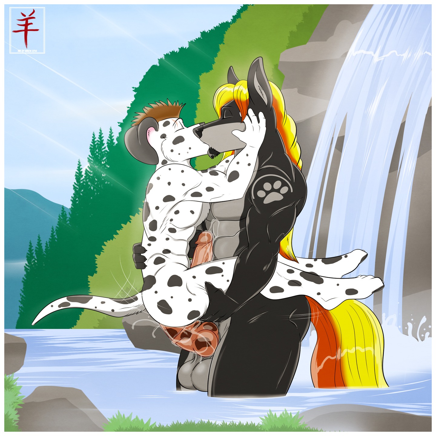 1:1 2014 aaron_(artist) abs anal anal_penetration animal_genitalia animal_penis anthro athletic balls beard biceps big_muscles big_penis black_body black_fur black_nose bodily_fluids border brown_hair canid canine canine_genitalia canine_penis canis cum cum_string dalmatian detailed_background digital_media_(artwork) domestic_dog dripping duo e621 equine_genitalia equine_penis erection eyes_closed facial_hair forest fur genital_fluids genitals goatee grey_body grey_fur hair hi_res huge_muscles humanoid_genitalia humanoid_penis hybrid_genitalia hybrid_penis kissing knot knotted_equine_penis knotted_penis leaking legs_up male male/male male_penetrated male_penetrating male_penetrating_male mammal markings muscular muscular_male nude orange_body orange_fur outside pecs penetration penile penile_penetration penis plant precum romantic romantic_couple sex sheath sky spots stand_and_carry_position standing standing_sex tattoo tree water waterfall wet white_body white_border white_fur yellow_body yellow_fur