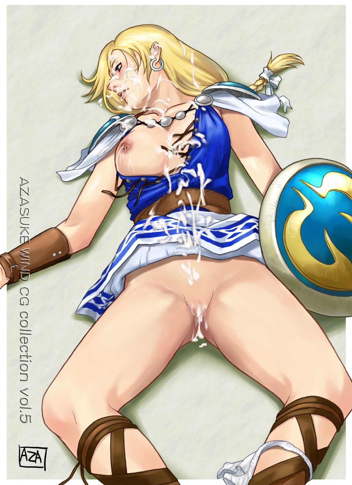after_sex azasuke blonde_hair braid breasts censored clothes defeated earrings female female_only highres human jewelry milf rape ribbon rule34 shield solo sophitia_alexandra soul_calibur torn_clothes