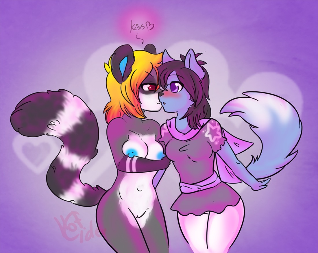 anthro breasts breya canid canine canis duo e621 female female/female genitals hot-cider interspecies kissing lemur lily_(dfstarfield) mammal nipples nude primate ring-tailed_lemur strepsirrhine tail vulva wolf
