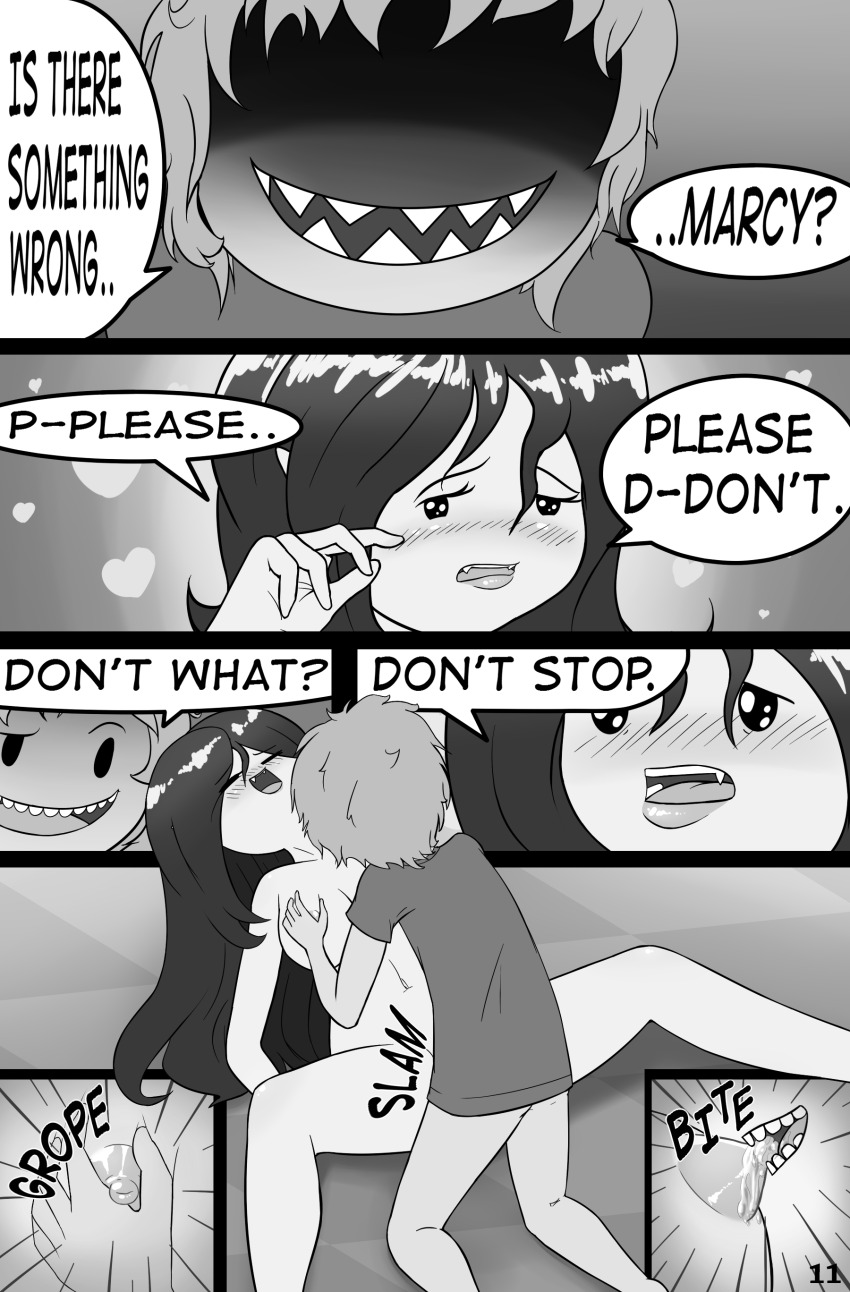 adventure_time bite blush bodily_fluids bottomless breast_bite breast_grab breast_play breasts cartoon_network clothed clothing comic cubby_chambers dialogue duo e621 english_text female female_on_human female_penetrated finn_the_human from_front_position greyscale grope hand_on_breast heart_symbol hi_res human human_on_humanoid human_penetrating human_penetrating_humanoid humanoid humanoid_penetrated interspecies lying male male/female male_on_humanoid male_penetrating male_penetrating_female mammal marceline_abadeer missionary_position monochrome nipples not_furry nude obscured_penetration on_back penetration penile penile_penetration penis_in_vagina rape_face reclining saliva sex smile spread_legs spreading text vaginal vaginal_penetration vampire