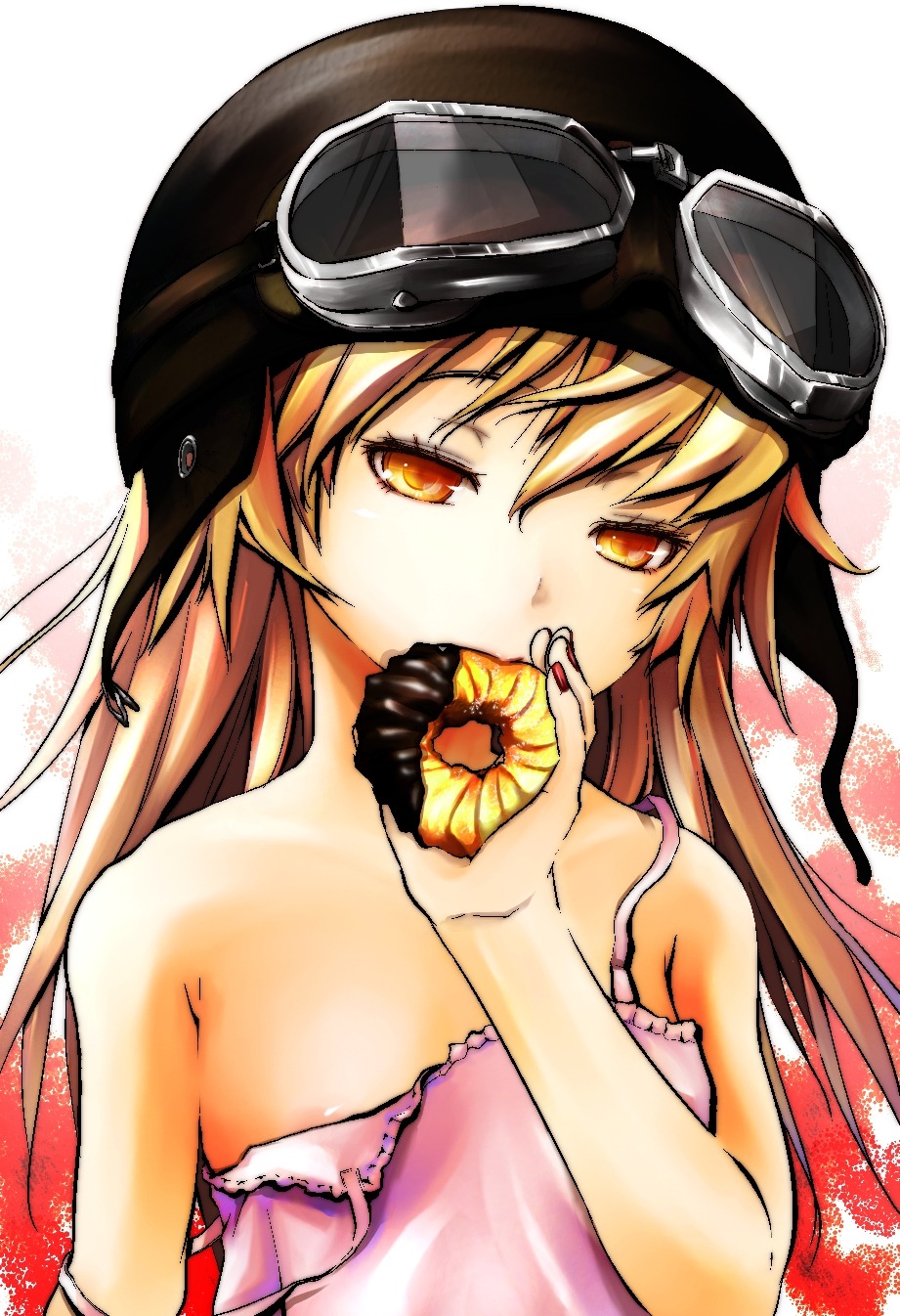 1girls bakemonogatari bare_shoulders doughnut female flat_chest goggles hanasaki highres monogatari_(series) nipple_slip nipples oshino_shinobu rule34 solo strap_slip