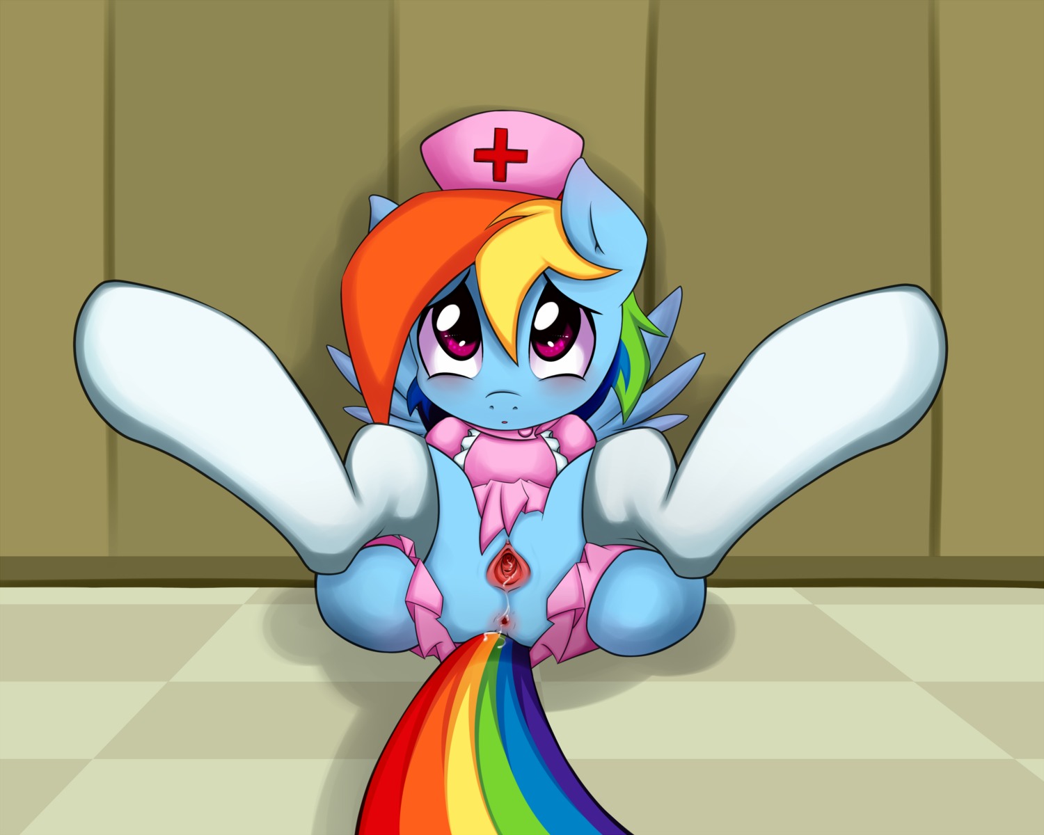 2012 5:4 anus blue_body blue_feathers blue_fur blush bodily_fluids butt clothed clothing dress e621 equid equine feathered_wings feathers female footwear friendship_is_magic fur genital_fluids genitals grumblepluck hair hasbro hat headgear headwear hi_res legwear looking_at_viewer lying mammal mostly_nude multicolored_hair multicolored_tail my_little_pony mythological_creature mythological_equine mythology nurse nurse_clothing nurse_dress nurse_uniform on_back pegasus presenting presenting_hindquarters purple_eyes rainbow_dash_(mlp) rainbow_hair rainbow_tail sitting socks solo spread_anus spread_legs spreading stockings tail uniform vaginal_fluids vulva wing_boner wings