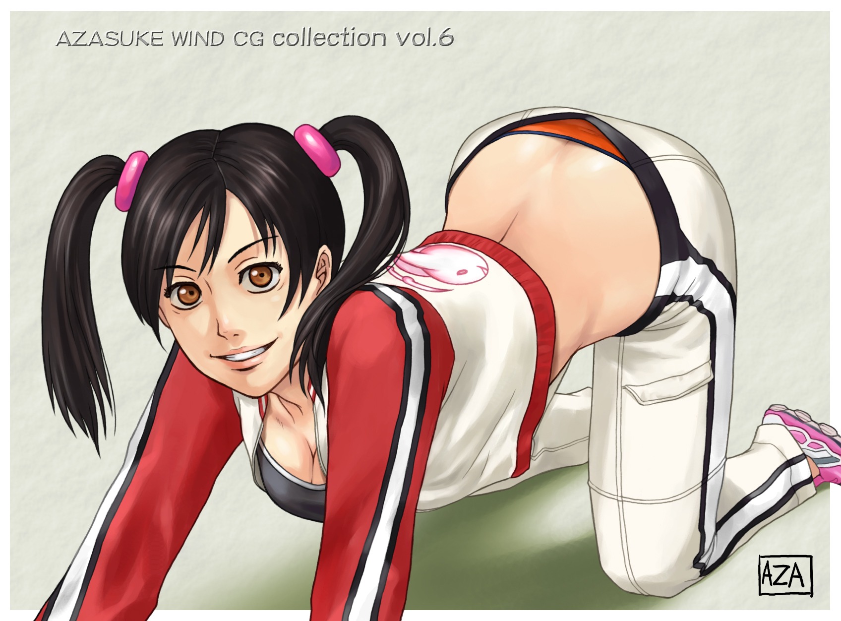 all_fours azasuke clothed female female_only highres ling_xiaoyu namco rule34 solo solo_female sports_bra sportswear tekken tied_hair twintails