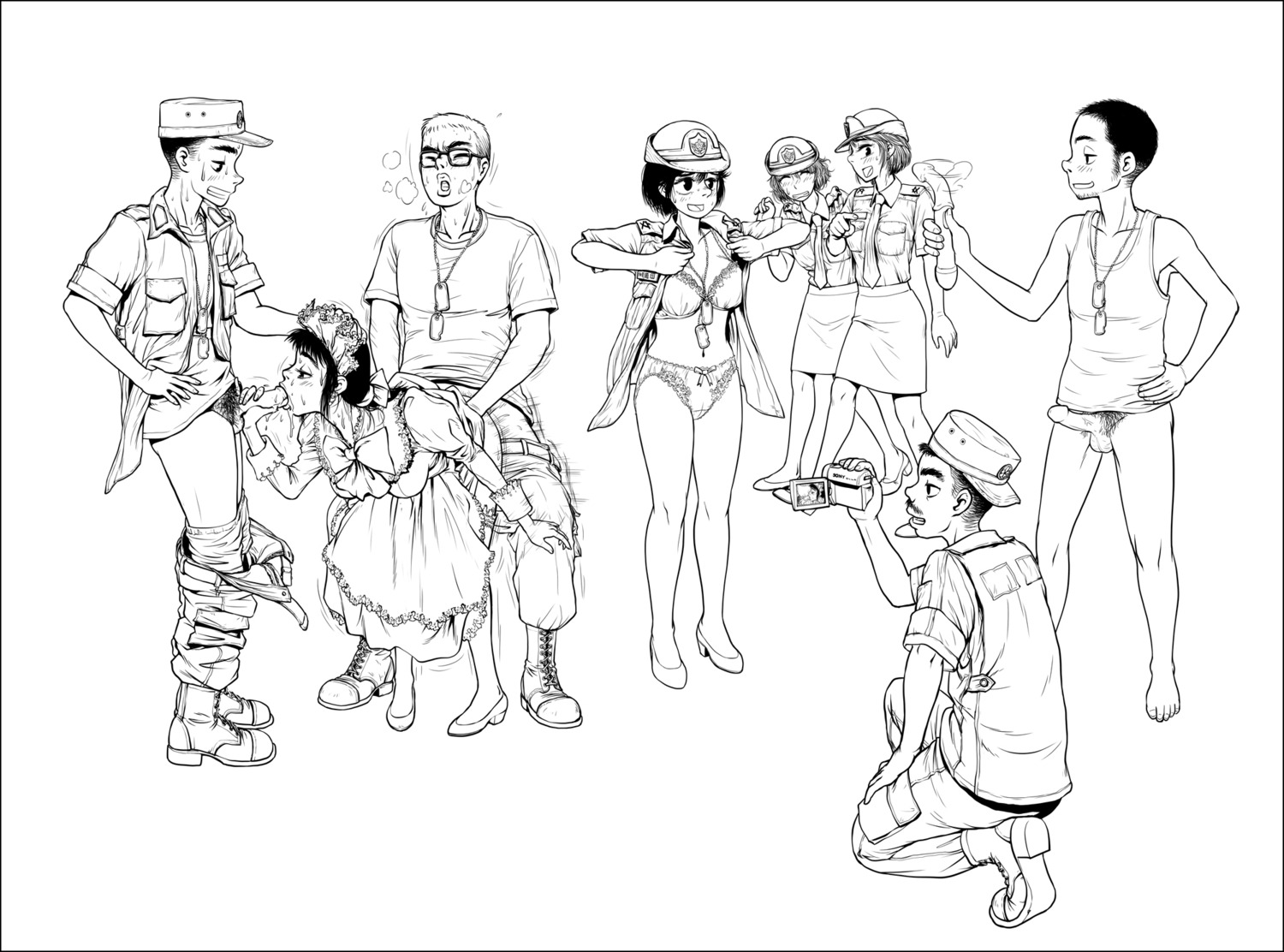 4boys 4girls balls beard bent_over blush bra breasts camera cleavage dildo dog_tags dress erect_penis female gogocherry hat heavy_breathing kneeling maid male monochrome moustache multiple_females multiple_girls open_mouth oral panties penis pubic_hair recording ribbon rule34 sex shirt short_hair soldier spitroast standing sweat swingers testicles uncensored undressing