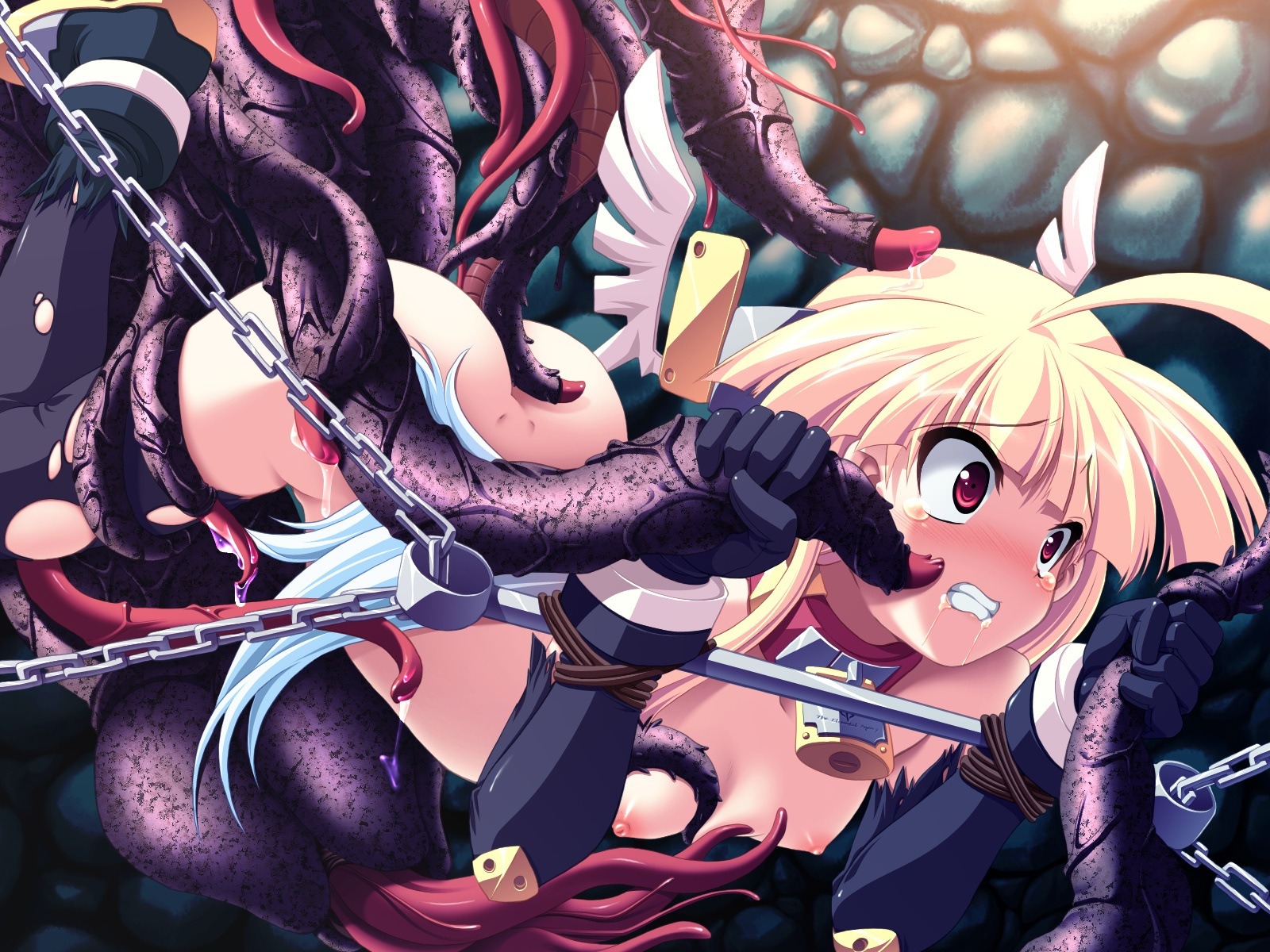 angry ass blonde_hair bondage breast_squeeze breasts chains clenched_teeth collar female lock nipples oppai pettanko rape red_eyes restraints rule34 spreader_bar tentacle torn_clothes