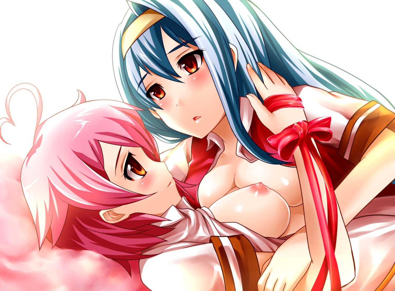 2girls aino_heart arcana_heart blush breasts female highres multiple_females multiple_girls mutual_yuri nipples open_clothes open_shirt pink_hair red_eyes rule34 shirt smile tsuzura_saki yuri