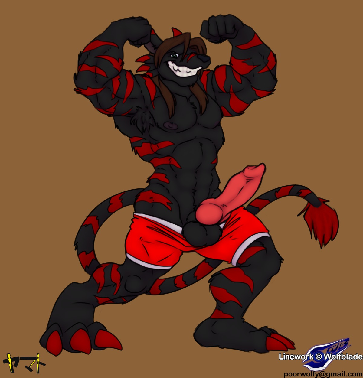 2014 abs alternate_color animal_genitalia animal_penis anthro armpit_hair artist_collaboration balls bandai_namco biceps big_muscles big_penis biped black_body black_fur black_hair body_hair bottomwear brown_background brown_hair canid canine canine_genitalia canine_penis claws clothed clothing digimon digimon_(species) e621 erection fangs flexing fur genitals green_eyes grin hair hi_res knot looking_at_viewer male mammal markings muscular muscular_anthro muscular_male nipples pecs penis pose presenting purple_nipples red_body red_claws red_fur shadowweregarurumon sheath shorts simple_background smile solo standing stripes tail teeth toe_claws topless wolfblade yamato_iouko yamatoiouko