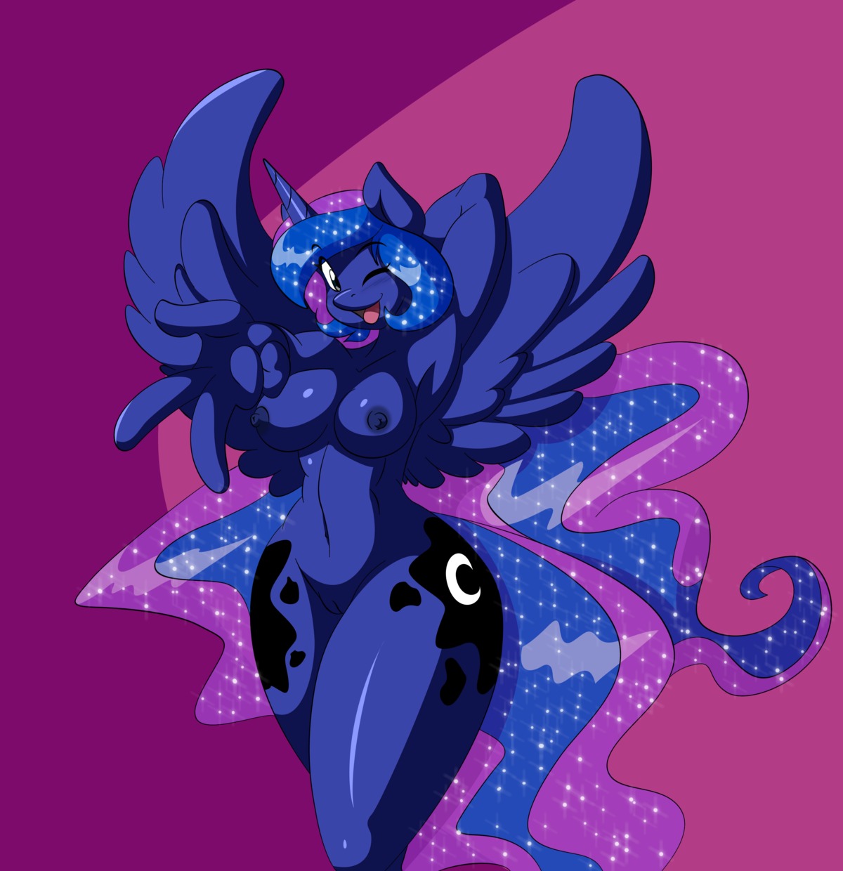 absurd_res anthro anthrofied blue_body blue_feathers breasts cutie_mark e621 equid equine feathered_wings feathers female friendship_is_magic genitals hair hasbro hi_res horn looking_at_viewer mammal mastergodai my_little_pony mythological_creature mythological_equine mythology navel nude one_eye_closed princess_luna_(mlp) solo sparkles third-party_edit translucent translucent_hair vulva wide_hips winged_unicorn wings wink