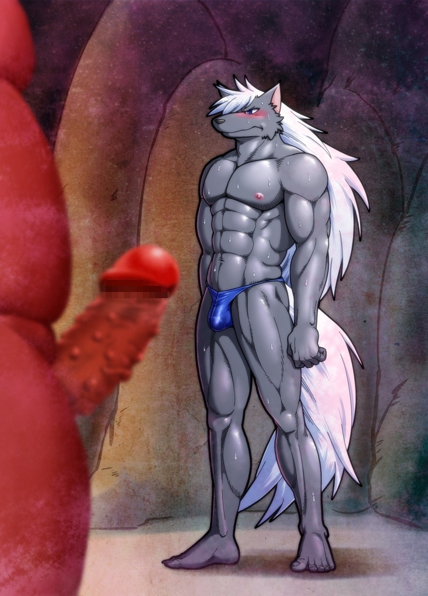 5_toes abs akaoni anthro athletic barefoot biceps big_muscles black_nose blue_eyes blush bodily_fluids bulge canid canine canis censored close-up clothed clothing detailed_bulge duo e621 erection feet foreskin frown fur genital_outline genitals glistening grey_body grey_fur grey_nose grey_skin hair hi_res humanoid humanoid_feet humanoid_genitalia humanoid_penis interspecies jin_(artist) long_hair male male/male mammal manly muscular muscular_male navel nipples nubbed_penis nude ogre pecs penile_spines penis penis_outline pink_body pink_skin plantigrade pretty_cure red_body red_penis red_skin retracted_foreskin shadow slightly_chubby smile_pretty_cure speedo standing sweat swimwear toes topless vein white_hair wolf wolfrun