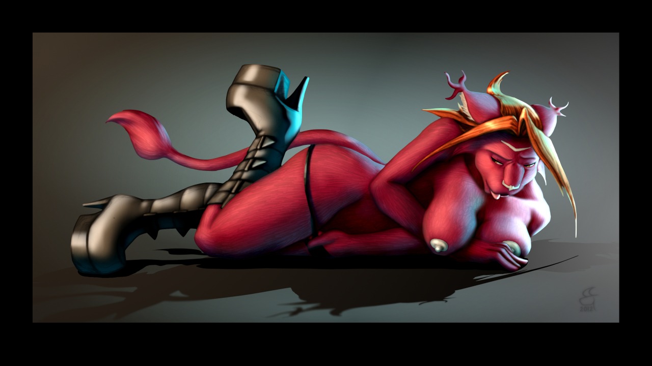 16:9 anthro big_breasts black_border blonde_hair border breasts e621 felid female fur hair hybrid lying mammal masturbation nipples nude on_front red_body red_fur solo tail thetigerofkyarra tongue vaginal vaginal_masturbation widescreen