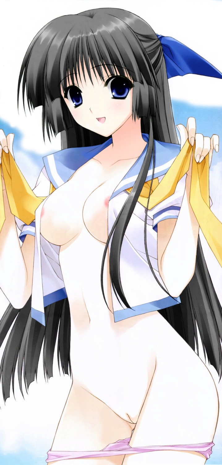 black_hair blue_eyes exhibitionism female long_hair nipples oppai panties pussy ribbon rule34 schoolgirl tagme uncensored vagina