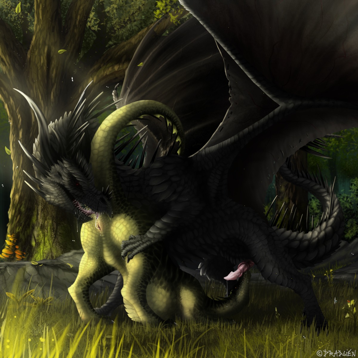 1:1 anal ass_up black_body bodily_fluids claws conditional_dnp cum cunnilingus detailed_background dradmon dragon duo e621 erection european_mythology female feral feral_on_feral flower genital_fluids genitals green_body hi_res horn larger_male licking long_tongue male male/female membrane_(anatomy) membranous_wings mythological_creature mythological_scalie mythology nature no_pupils nude open_mouth oral outside penis pink_penis plant precum raised_tail red_eyes rimming saliva scalie sex sharp_teeth size_difference smaller_female spikes tail teeth tongue tongue_out tree vaginal vaginal_fluids vulva western_dragon wings