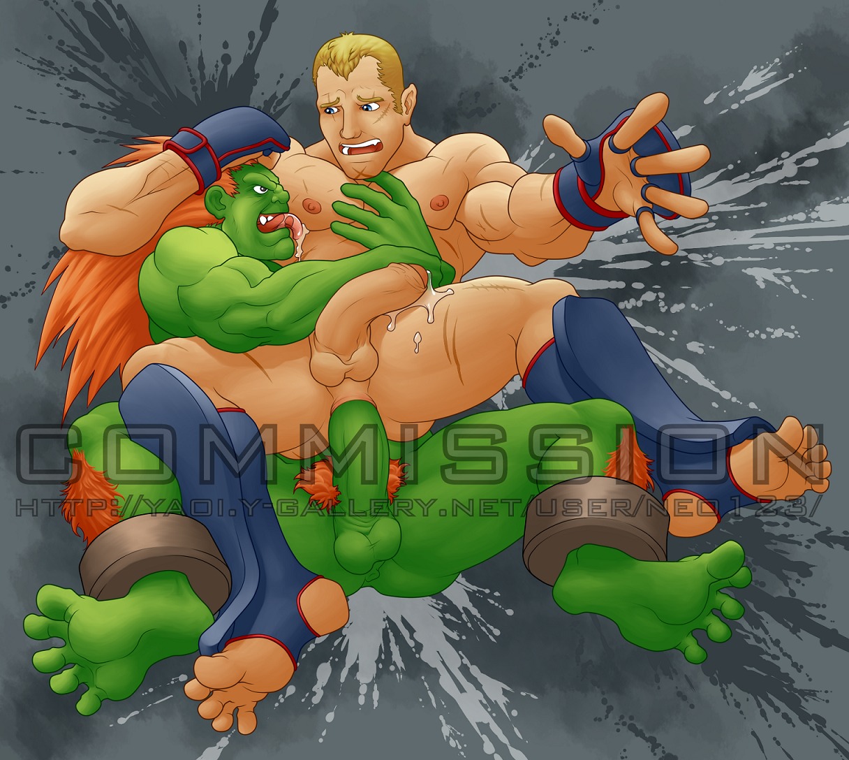abel anal_penetration anal_sex anus_peek balls blanka blonde_hair blue_eyes boner cum_splatter cum_while_penetrated erect_nipples erection facial_scar fingerless_gloves foreskin gay green_skin holding_head human interspecies licking_male_nipple male male_only mouth_open multiple_boys multiple_males neo123 nipples nude orange_hair penis retracted_foreskin rule34 shin_guards sitting_on_penis straight_hair street_fighter tongue tongue_out uncircumcised yaoi