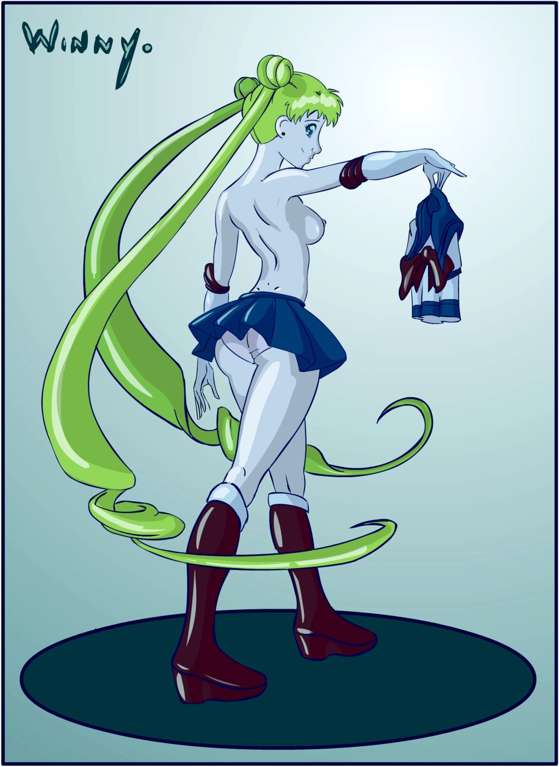 bishoujo_senshi_sailor_moon blonde_hair blue_eyes breasts clothing double_bun earrings female gloves long_hair panties rule34 sailor_moon school_uniform skirt small_breasts topless uniform usagi_tsukino winny_(artist)