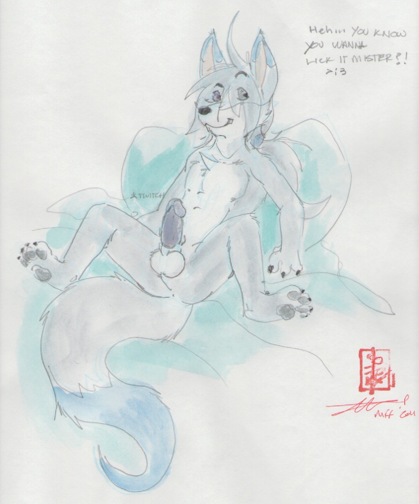 animal_genitalia anthro balls canid canine dipstick_tail e621 erection fennec_(artist) genitals glans humanoid_genitalia humanoid_penis looking_at_viewer male mammal markings maverick_skye nude painting_(artwork) penis purple_penis reclining sheath solo spread_legs spreading tail tail_markings watercolor_(artwork) young young_anthro young_male