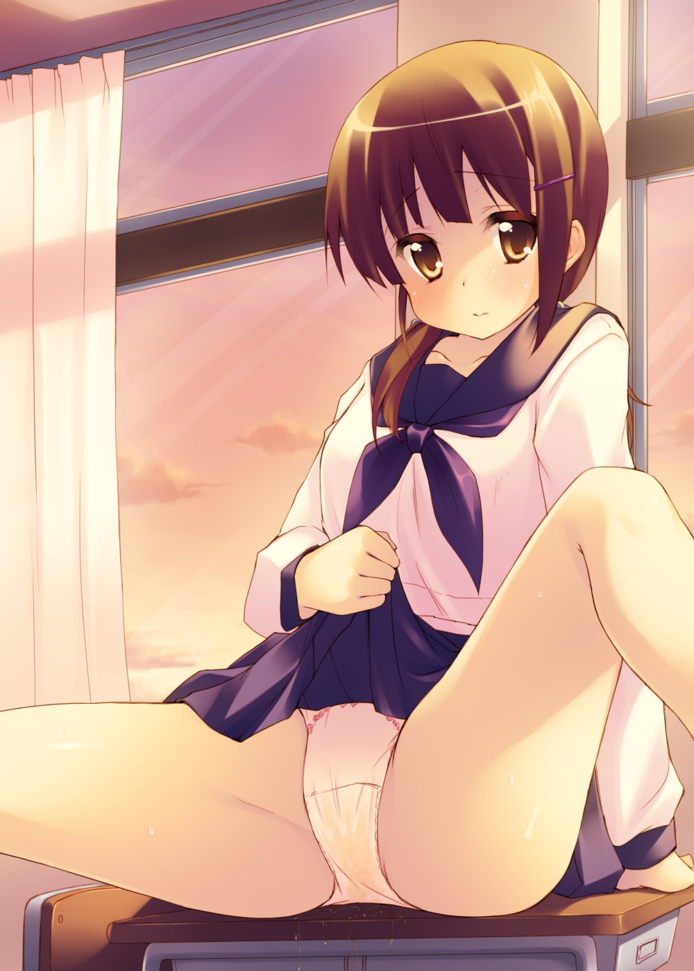 female minase_shuu panties peeing peeing_self rule34 seifuku skirt_lift urine young
