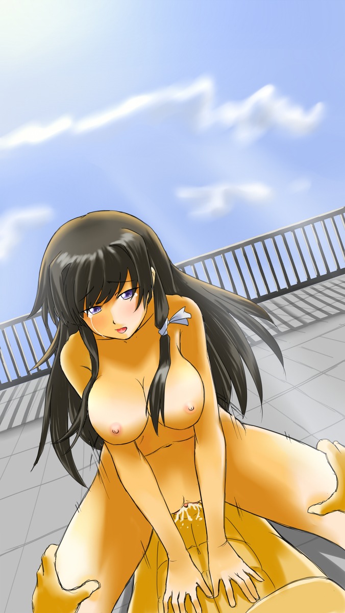 1boy abs artist_request bare_shoulders blush braid breasts brown_hair clitoris cowgirl_position crying female fence hair_ornament hair_ribbon highres insertion large_breasts long_hair looking_at_viewer male moving muv-luv muv-luv_alternative muv-luv_alternative_-_total_eclipse navel nipples nude open_mouth outdoors outside penis purple_eyes pussy ribbon romantic roof rooftop rule34 sex single_braid sky straight takamura_yui tear uncensored vaginal_penetration