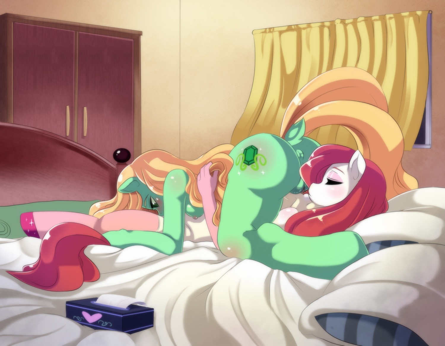 69_position anthro anthrofied anus bed bedroom box breasts container cunnilingus curtains cutie_mark door duo e621 equid equine fan_character female female/female furniture genitals glitter hair hair_grab hasbro heart_symbol hi_res hooves horse inside licking lying mammal my_little_pony nipples nude on_bed oral pillow pony princess_hinghoi sex small_breasts tissue tongue tongue_out touching_hair vaginal vulva window
