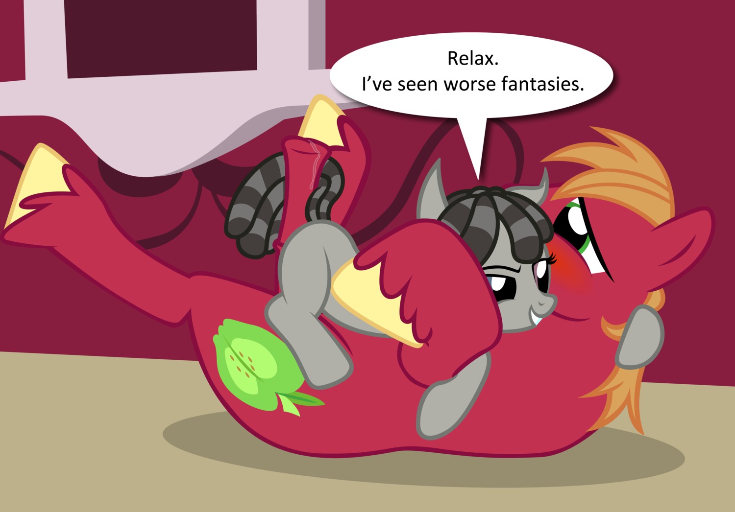 2013 absurd_res animal_genitalia animal_penis badumsquish big_macintosh_(mlp) blonde_hair bodily_fluids butt cutie_mark dialogue duo e621 earth_pony english_text equid equine equine_genitalia equine_penis erection female feral friendship_is_magic fur genital_fluids genitals green_eyes grey_body grey_fur hair hasbro heterochromia hi_res horse lying male male/female mammal multicolored_hair my_little_pony nude on_back on_model penis pony precum red_body red_fur sex smartypants_(mlp) tail tail_around_penis tail_fetish tail_play tail_sex tailjob text two_tone_hair