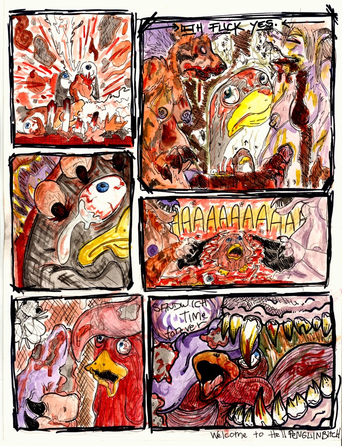 anthro avian beak bird bitchsplitter bloodshot_eyes breasts death e621 erection gaping genitals gore grotesque_death group herm humor intersex jessup marker_(artwork) nipples non-mammal_breasts non-mammal_nipples penguin penis snuff traditional_media_(artwork) vore what