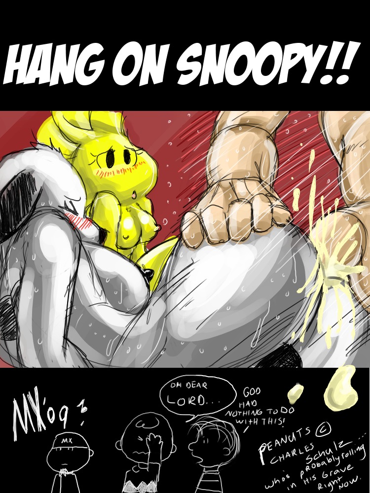 2009 anthro blush breasts charlie_brown closed_eyes cum cum_inside female group human human_on_anthro humor interspecies linus_van_pelt male mammal monkeyxflash nipples nude peanuts rule34 rule_63 sex snoopy straight woodstock