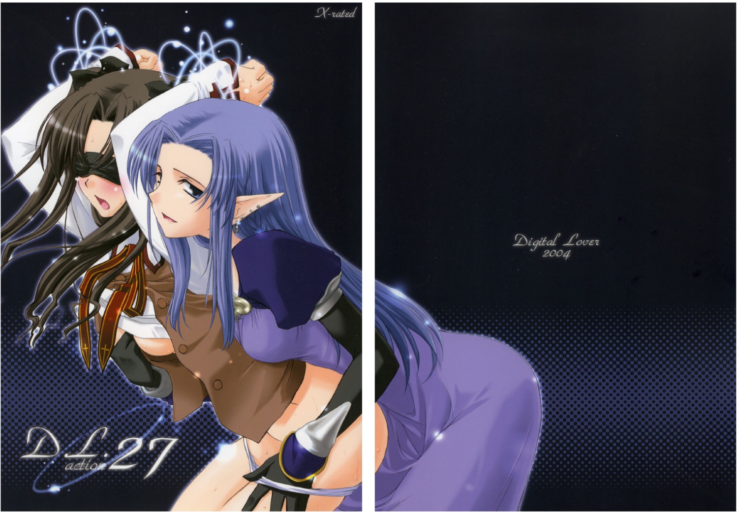 2girls blindfold blush bondage brown_hair fate/stay_night fate_(series) female female_only gloves highres long_hair looking_at_viewer medea_(fate) multiple_females multiple_girls nakajima_yuka no_visible_genitalia open_mouth panties pointy_ears purple_eyes purple_hair ribbon rule34 straight_hair sweat tohsaka_rin underwear yuri