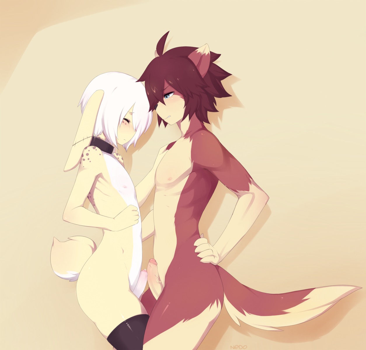anthro anthro_on_anthro blush brown_hair canid canine canis digital_media_(artwork) domestic_dog duo e621 erection eyes_closed femboy foreskin frottage genitals hair hi_res humanoid_genitalia humanoid_penis lagomorph leporid long_ears male male/male mammal nedoiko nude partially_retracted_foreskin penile penis penises_touching rabbit retracted_foreskin scut_tail sex shaded short_tail simple_background standing tail white_hair yoshino_iko