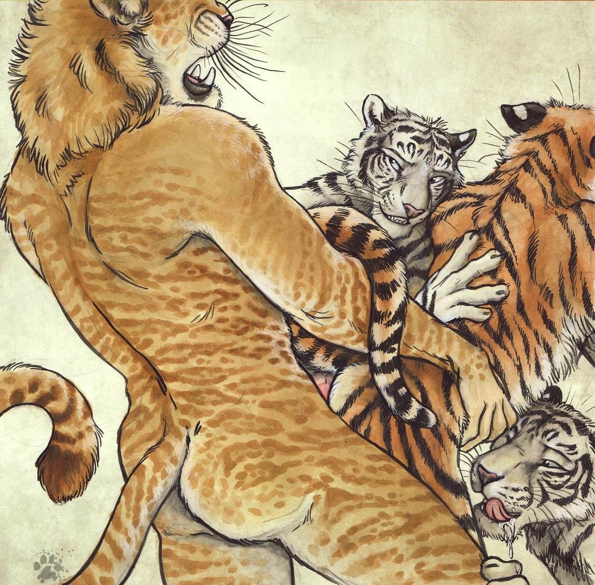 2011 anal anal_penetration anthro anthro_on_anthro blotch blue_eyes bodily_fluids butt colored cum cum_in_mouth cum_inside e621 erection felid from_behind_position genital_fluids genitals group group_sex hybrid interspecies licking licking_lips liger lion male male/male male_penetrated male_penetrating male_penetrating_male mammal nude open_mouth pantherine penetration penis scratches_volume_5 self_lick sex simple_background stripes tiger tongue tongue_out traditional_media_(artwork) whiskers white_background