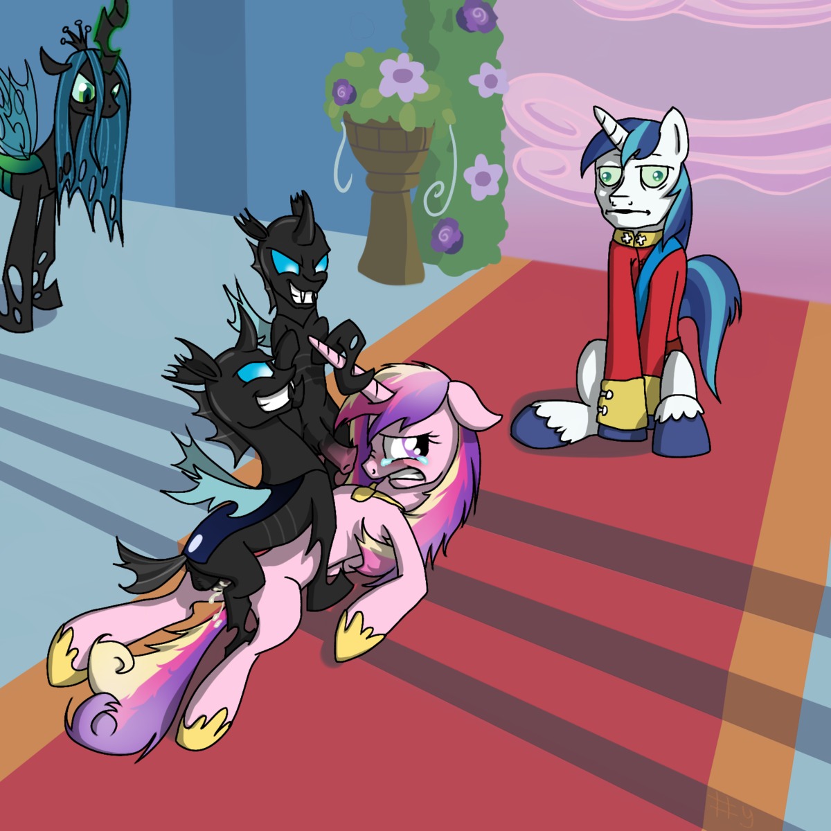 1:1 arthropod bodily_fluids changeling_(mlp) clothed clothing crying cum cum_in_vagina cum_inside dominant drone_(mlp) e621 equid equine erection feathered_wings feathers female female_raped feral flower forced friendship_is_magic genital_fluids genitals group hair hasbro hi_res horn insect_wings interspecies interspecies_domination lying male male/female male_rape male_raping_female mammal me_gusta meme multicolored_hair my_little_pony mythological_creature mythological_equine mythology nude penis pink_body pink_feathers plant princess_cadance_(mlp) quadruped queen_chrysalis_(mlp) rape sex sharpy shining_armor_(mlp) tail tears teeth unicorn vaginal vulva winged_unicorn wings