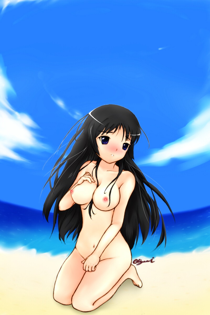 beach black_hair blue_eyes breasts female female_only human human_only k-on! kneeling long_hair mio_akiyama_(k-on!) navel nipples rule34 solo tagme