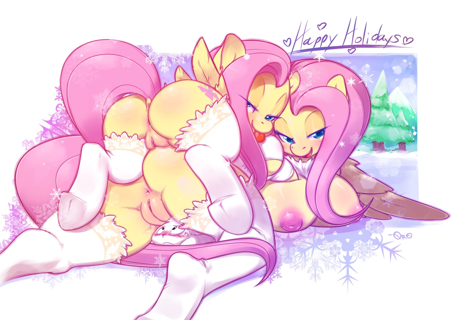0r0ch1 2014 abstract_background angel_(mlp) anthro anthrofied anus bedroom_eyes big_breasts blue_eyes breast_rest breasts butt clothing cutie_mark dock_(anatomy) e621 english_text equid equine feathered_wings feathers female female/female female_feral female_on_bottom female_on_top feral fluttershy_(mlp) friendship_is_magic fur genitals group hair half-closed_eyes hasbro hi_res inverted_nipples lagomorph legwear leporid long_hair looking_at_viewer looking_back lying mammal mostly_nude my_little_pony mythological_creature mythological_equine mythology narrowed_eyes nipples on_bottom on_front on_top pegasus pink_hair presenting presenting_hindquarters rabbit raised_tail seductive selfcest simple_background square_crossover stockings tail text thigh_highs tongue tongue_out vulva white_body white_fur wings yellow_body yellow_feathers yellow_fur