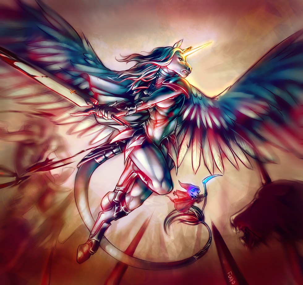 accessory anthro armor blood bodily_fluids bone bracelet breasts claymore_(manga) collar death_(personification) death_of_rats discworld e621 equid equine feathered_wings feathers female fight fudchan furgonomics glowing glowing_eyes glowing_horn gore greaves grim_reaper group hooves horn jewelry mammal melee_weapon murid murine mythological_creature mythological_equine mythology pauldron polearm rat rodent scythe silver_(metal) silver_hooves skeleton sword tail tail_accessory tail_armor tail_tuft tailband tuft two_handed_weapon weapon white_body white_feathers winged_unicorn wings