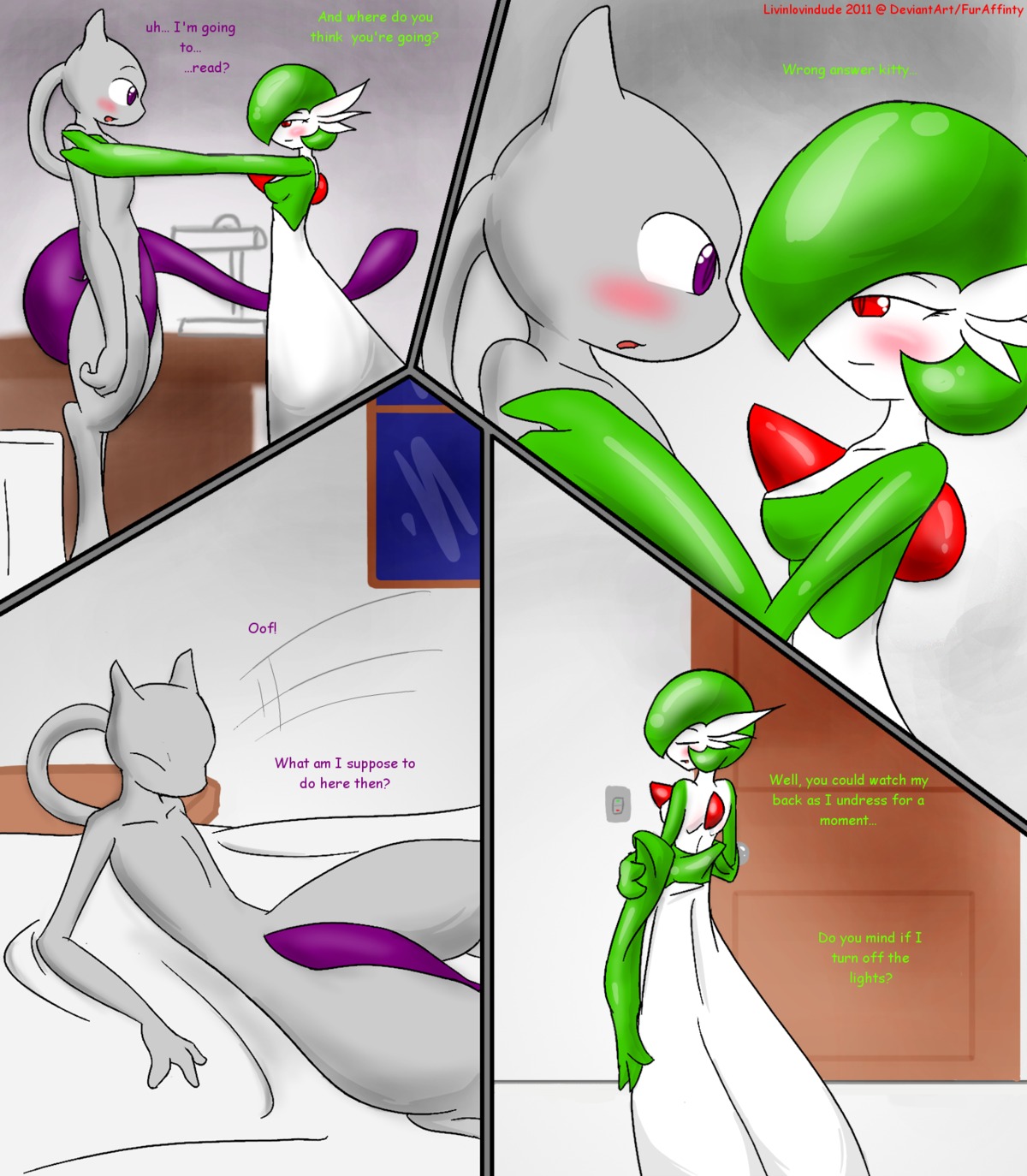 1girls anthro color comic dress english_text female female_gardevoir female_pokemon femdom gardevoir green_hair interspecies legendary_pokemon livinlovindude male mewtwo nintendo on_bed pokemon pokemon_(species) pokemon_rse red_eyes romantic rule34 tail text white_skin wholesome