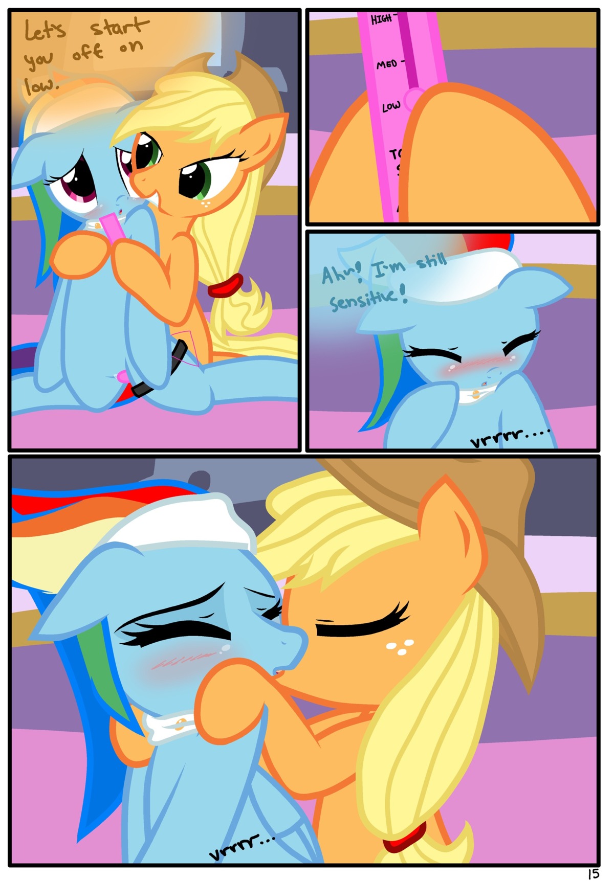 absurd_res applejack_(mlp) blue_body blue_feathers blue_fur blush clothing comic cowboy_hat dialogue duo e621 earth_pony english_text equid equine feathered_wings feathers female female/female feral freckles french_kissing friendship_is_magic fur green_eyes hair hasbro hat headgear headwear hi_res horse kissing kneeling mammal multicolored_hair my_little_pony mythological_creature mythological_equine mythology pegasus pony pyruvate rainbow_dash_(mlp) rainbow_hair red_eyes sex_toy text vibrator wings