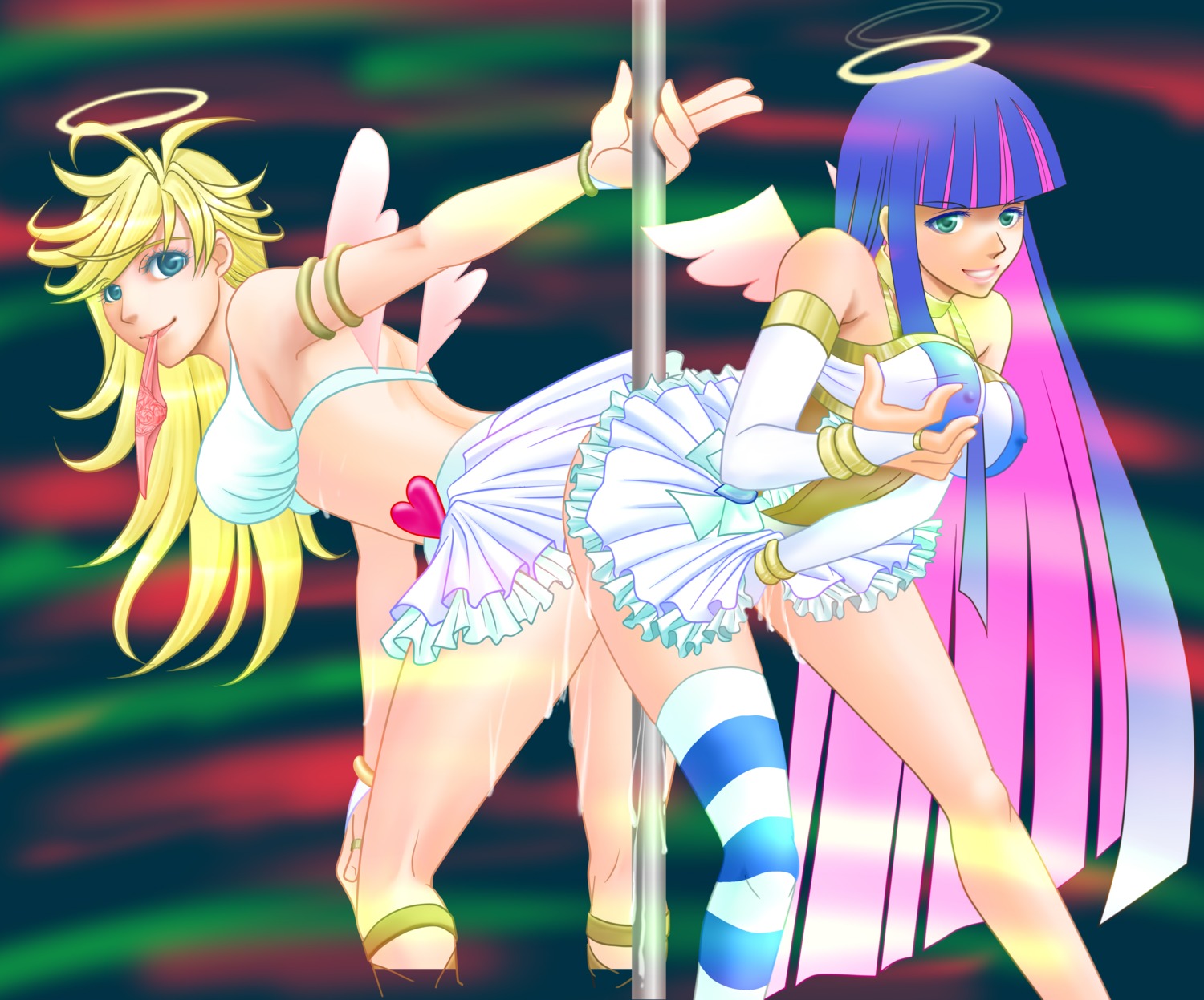2girls angel angel_wings breast_grab breasts female fingering halo high_resolution incest mouth_hold multiple_females multiple_girls panties panty_&amp;_stocking_with_garterbelt panty_anarchy pole pole_between_ass pussy pussy_juice rule34 siblings sisters smile stocking_anarchy stripper stripper_pole underwear yuri