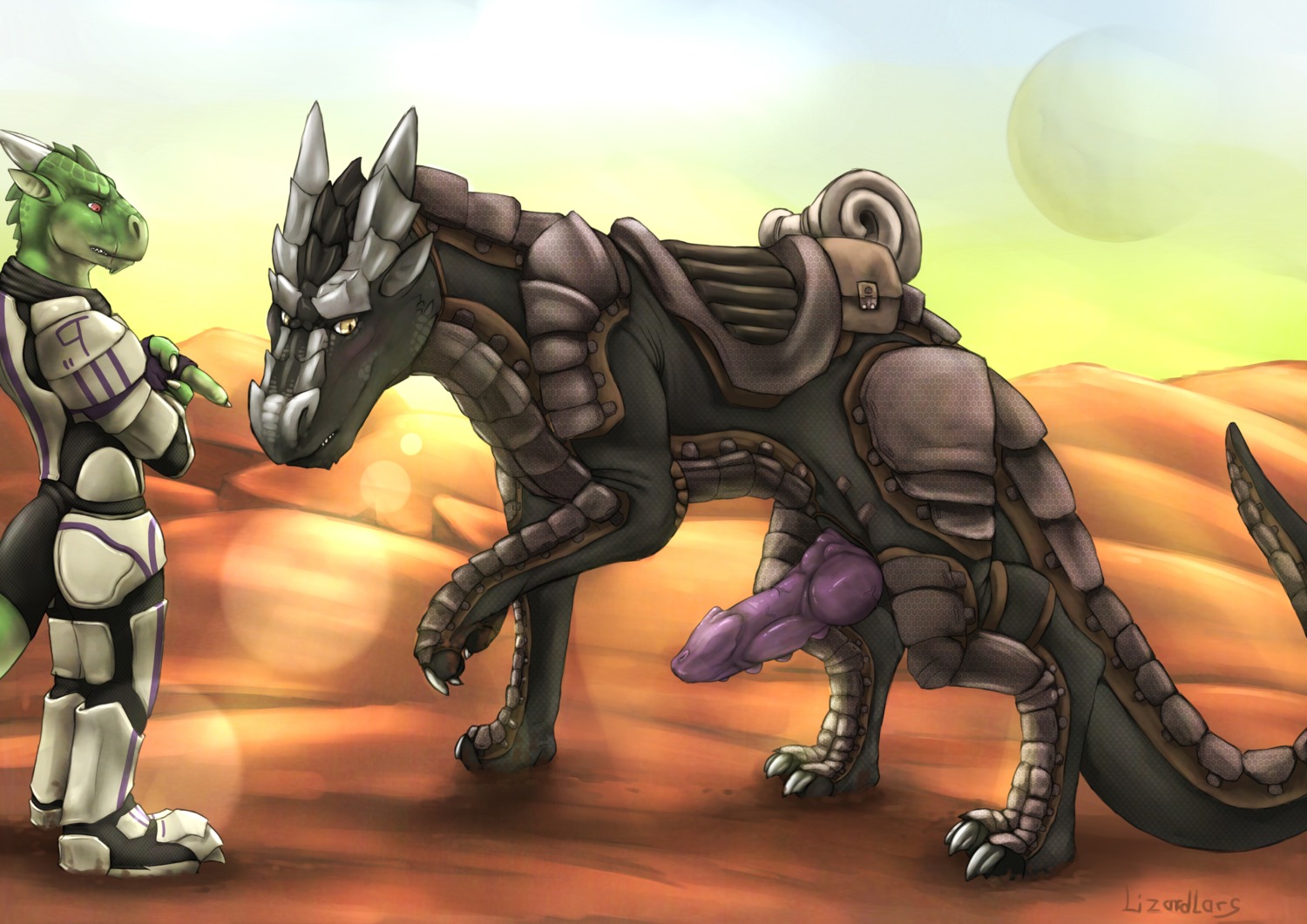 absurd_res ambiguous_gender anthro armor biceps big_penis biped blacky blush claws clothed clothing desert digital_media_(artwork) dragon duo e621 erection feral genitals hi_res horn kloogshicer knot larger_male lizardlars male male/ambiguous male/male mount mount/rider_relations muscular mythological_creature mythological_scalie mythology nude outside penis quadruped reptile saddle sand scalie size_difference smaller_male sun tail vein